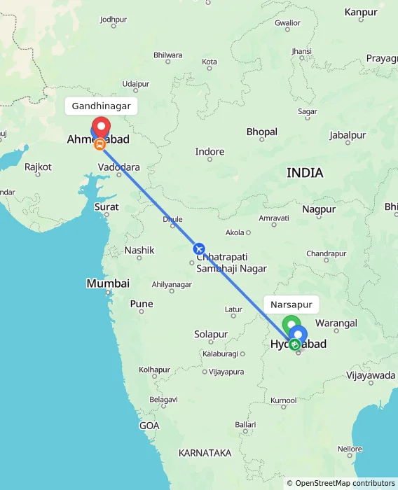 Route map showing distance and travel time from Narsapur, India to Gandhinagar, India