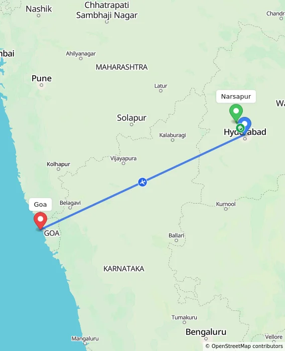 Route map showing distance and travel time from Narsapur, India to Goa, India