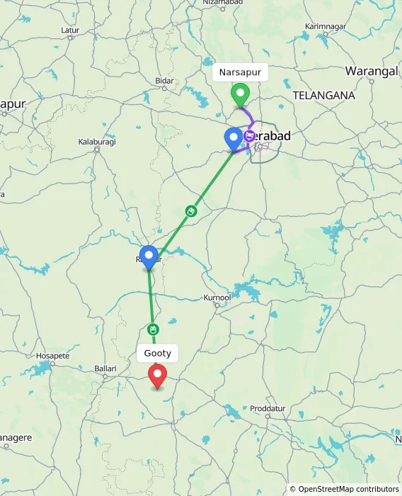 Route map showing distance and travel time from Narsapur, India to Gooty, India