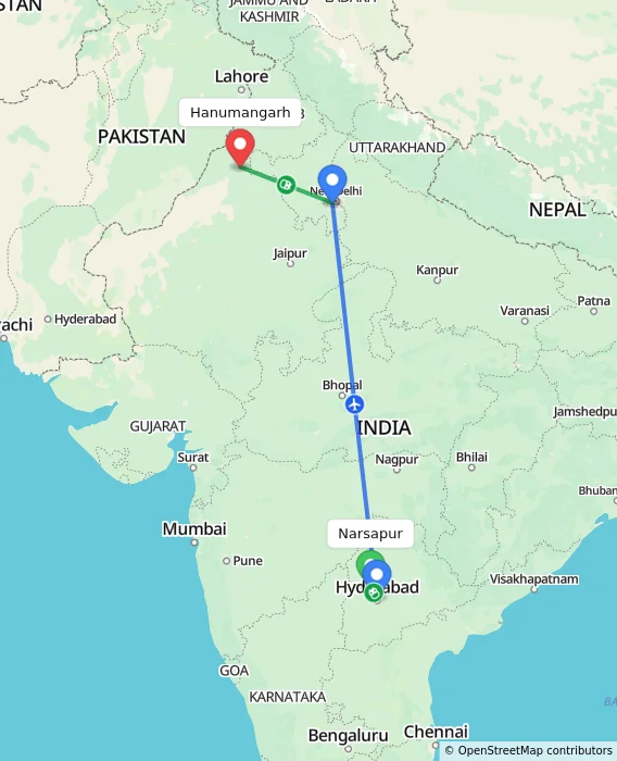 Route map showing distance and travel time from Narsapur, India to Hanumangarh, India