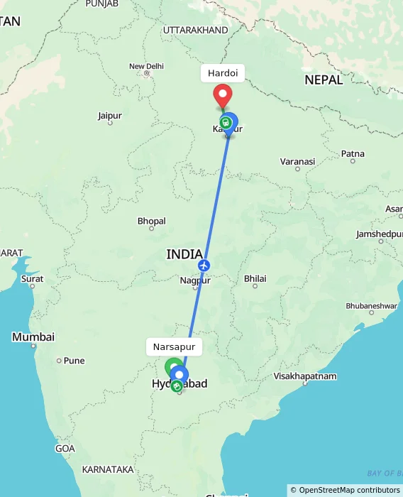 Route map showing distance and travel time from Narsapur, India to Hardoi, India