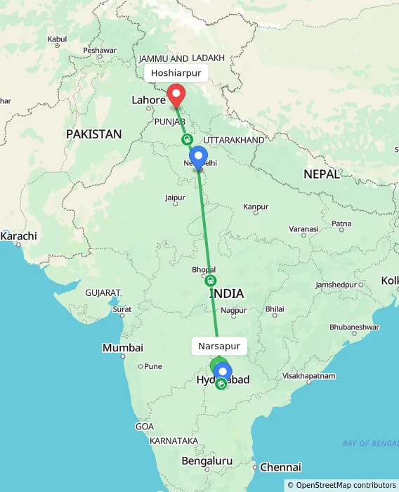 Route map showing distance and travel time from Narsapur, India to Hoshiarpur, India