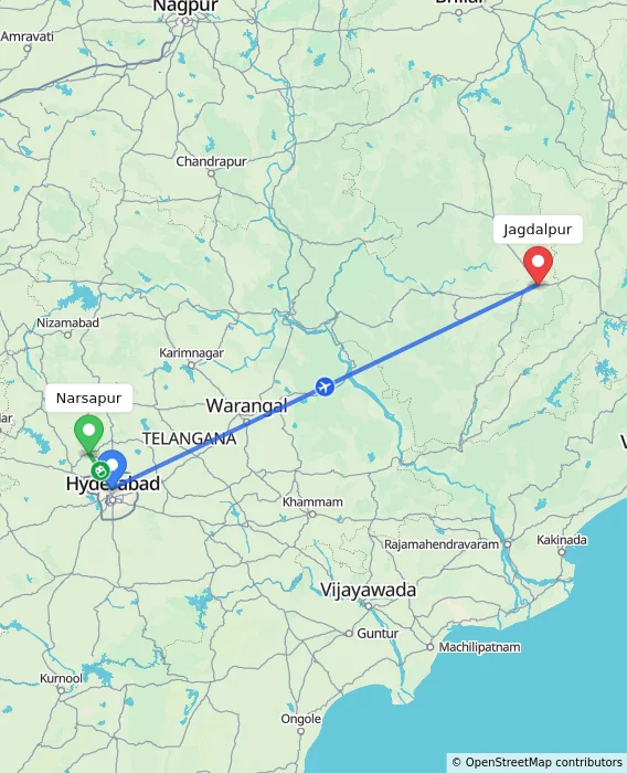 Route map showing distance and travel time from Narsapur, India to Jagdalpur, India