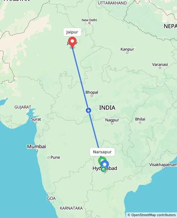 Route map showing distance and travel time from Narsapur, India to Jaipur, India