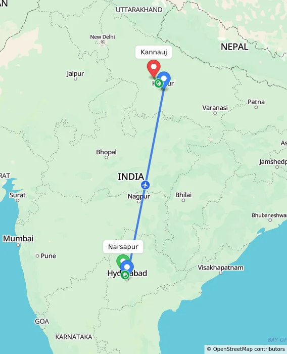 Route map showing distance and travel time from Narsapur, India to Kannauj, India
