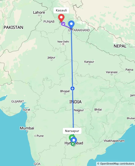 Route map showing distance and travel time from Narsapur, India to Kasauli, India