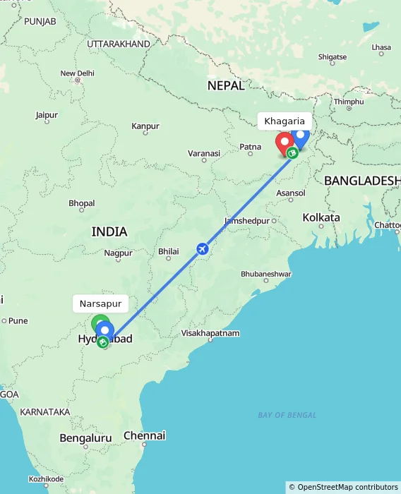 Route map showing distance and travel time from Narsapur, India to Khagaria, India