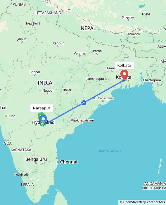 Route map showing distance and travel time from Narsapur, India to Kolkata, India