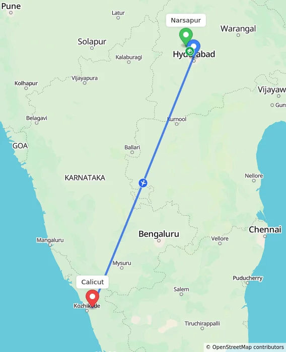 Route map showing distance and travel time from Narsapur, India to Kozhikode, India
