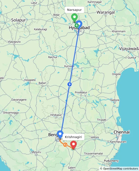 Route map showing distance and travel time from Narsapur, India to Krishnagiri, India
