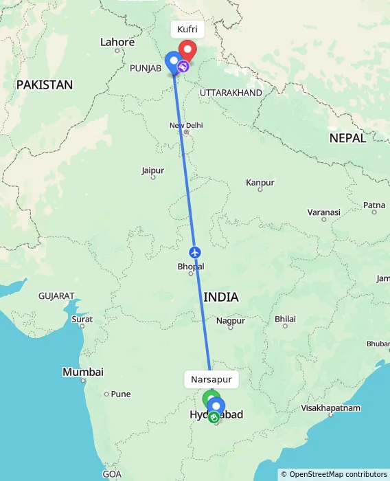 Route map showing distance and travel time from Narsapur, India to Kufri, India