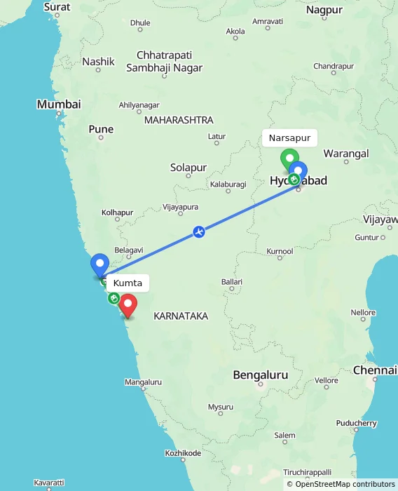Route map showing distance and travel time from Narsapur, India to Kumta, India