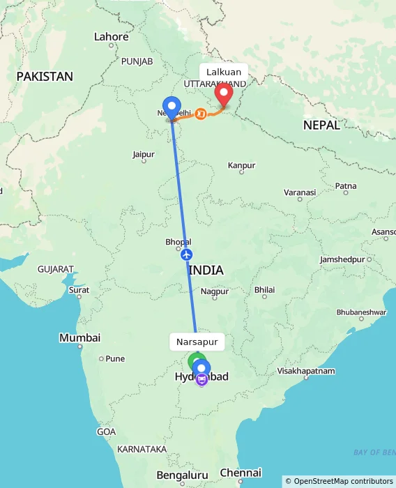 Route map showing distance and travel time from Narsapur, India to Lalkuan, India