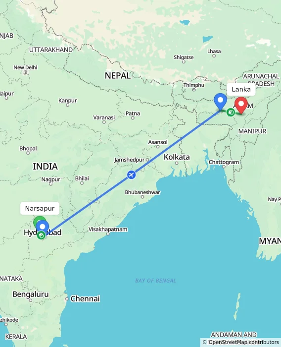 Route map showing distance and travel time from Narsapur, India to Lanka, India