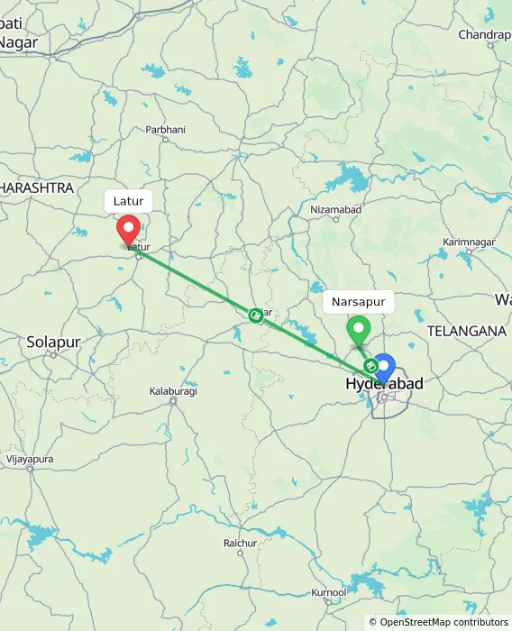 Route map showing distance and travel time from Narsapur, India to Latur, India