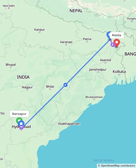 Route map showing distance and travel time from Narsapur, India to Malda, India