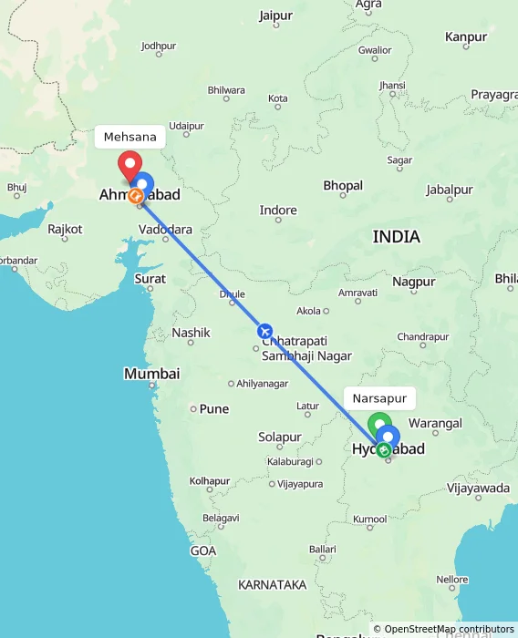 Route map showing distance and travel time from Narsapur, India to Mehsana, India