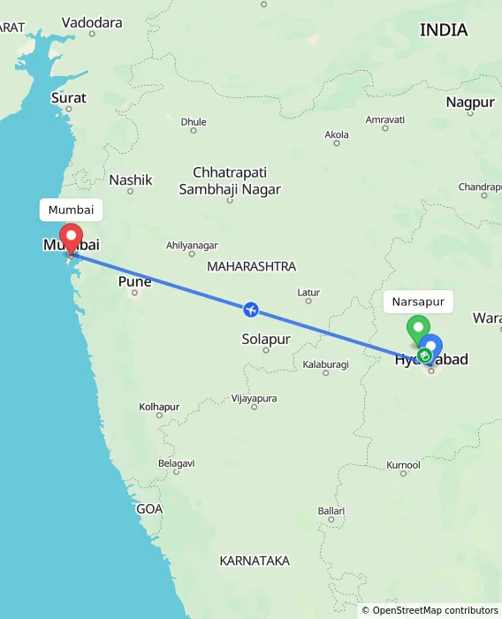 Route map showing distance and travel time from Narsapur, India to Mumbai, India