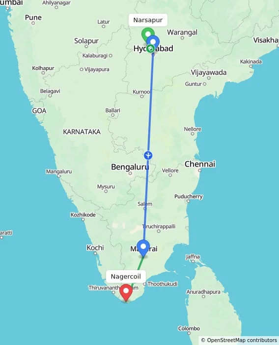 Route map showing distance and travel time from Narsapur, India to Nagercoil, India