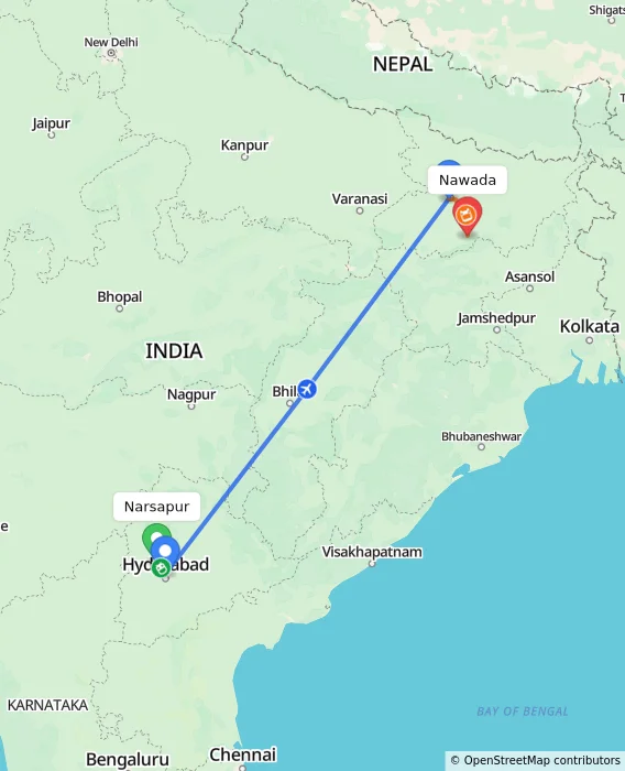 Route map showing distance and travel time from Narsapur, India to Nawada, India