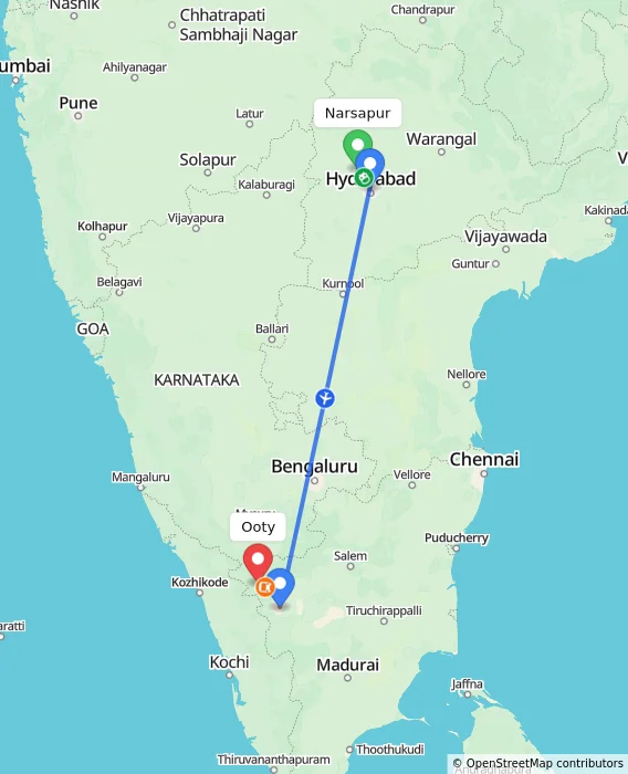 Route map showing distance and travel time from Narsapur, India to Ooty, India