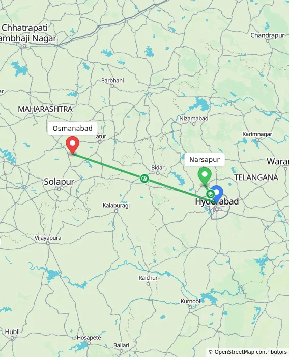 Route map showing distance and travel time from Narsapur, India to Osmanabad, India