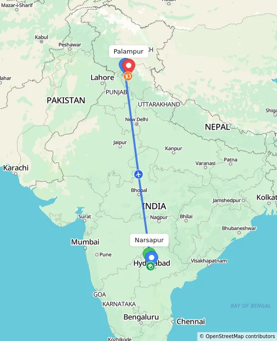 Route map showing distance and travel time from Narsapur, India to Palampur, India