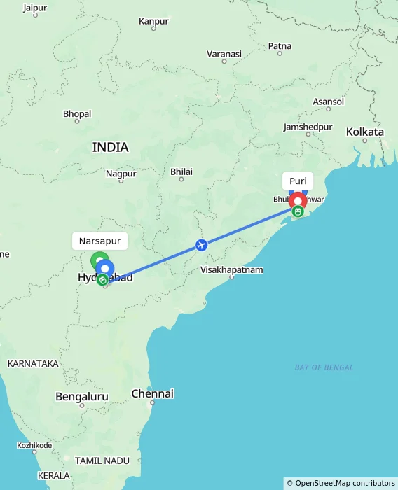Route map showing distance and travel time from Narsapur, India to Puri, India