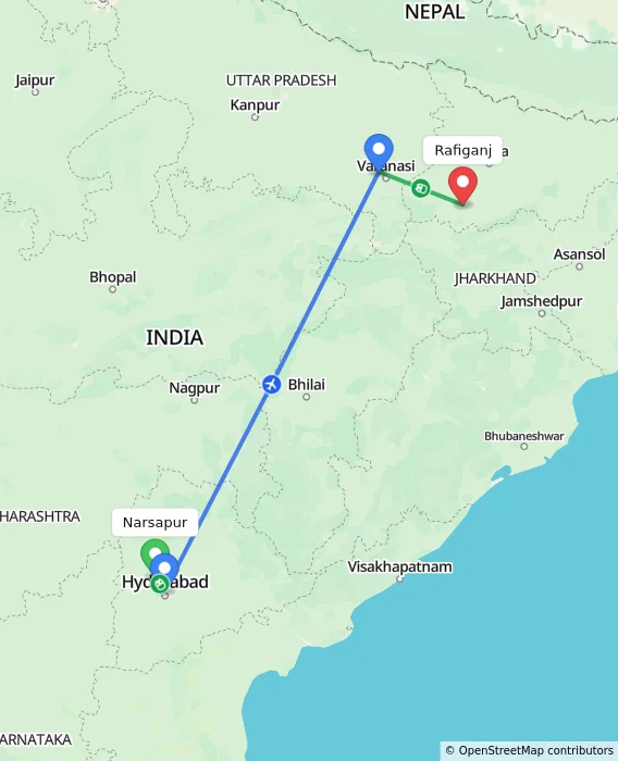 Route map showing distance and travel time from Narsapur, India to Rafiganj, India