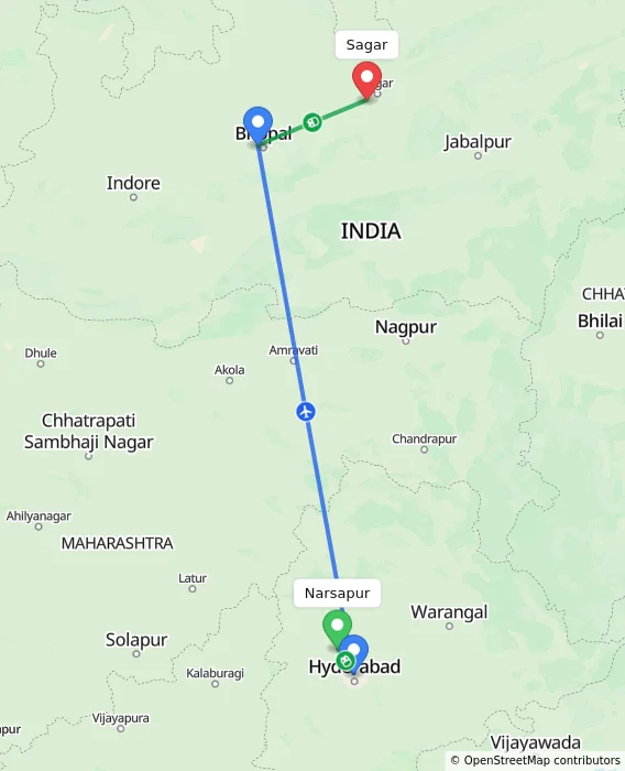 Route map showing distance and travel time from Narsapur, India to Sagar, India