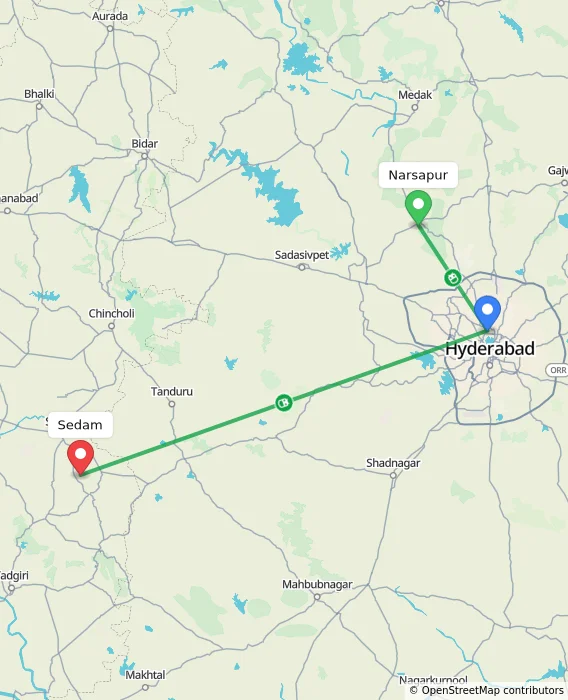 Route map showing distance and travel time from Narsapur, India to Sedam, India