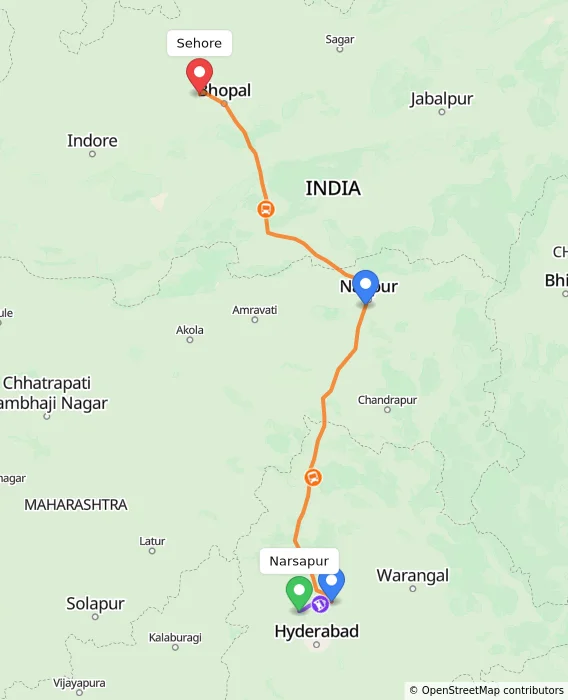 Route map showing distance and travel time from Narsapur, India to Sehore, India