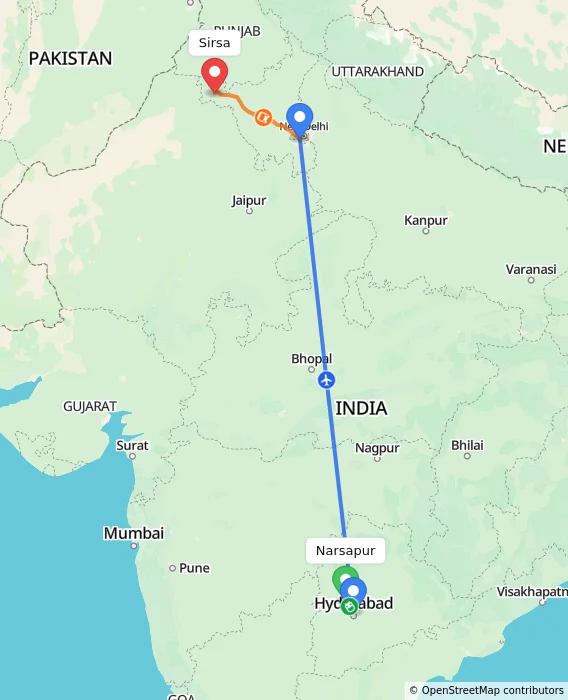 Route map showing distance and travel time from Narsapur, India to Sirsa, India