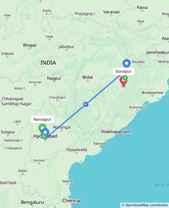 Route map showing distance and travel time from Narsapur, India to Sonepur, India