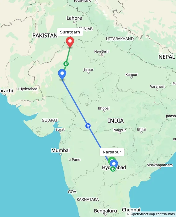 Route map showing distance and travel time from Narsapur, India to Suratgarh, India