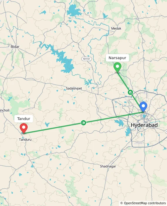 Route map showing distance and travel time from Narsapur, India to Tandur, India