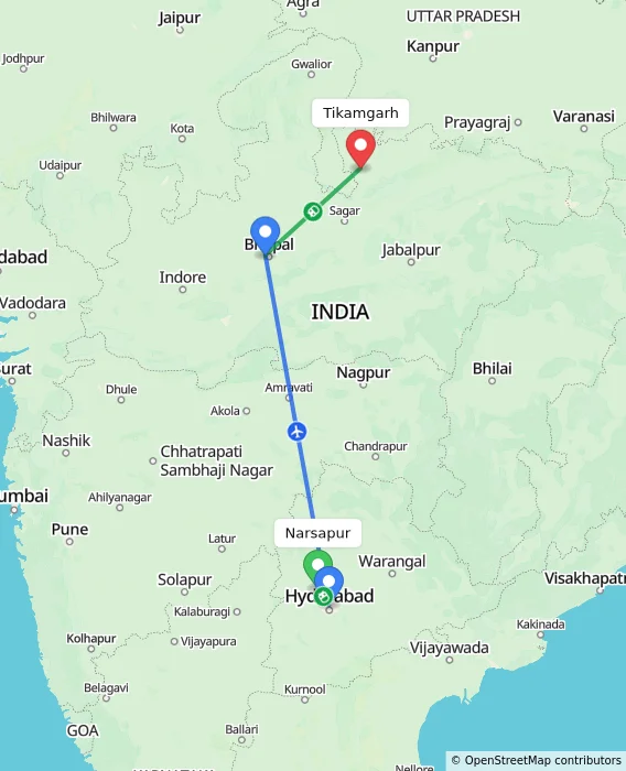 Route map showing distance and travel time from Narsapur, India to Tikamgarh, India