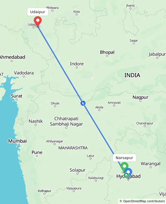 Route map showing distance and travel time from Narsapur, India to Udaipur, India