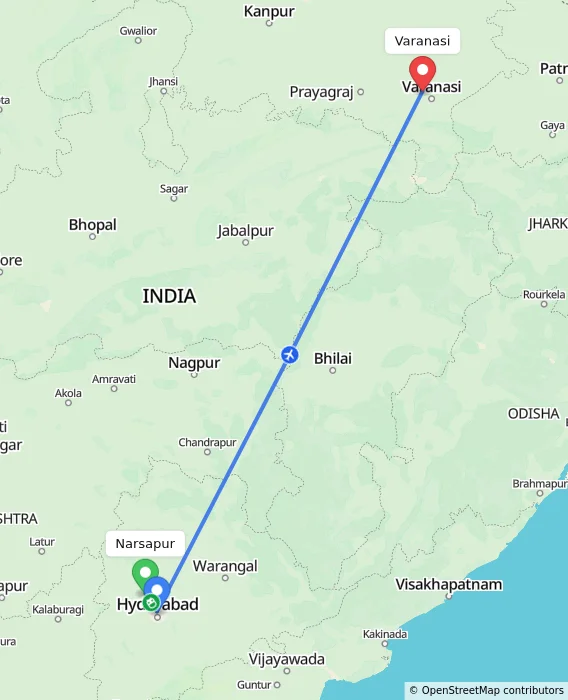 Route map showing distance and travel time from Narsapur, India to Varanasi, India