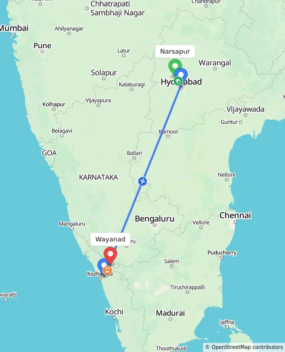 Route map showing distance and travel time from Narsapur, India to Wayanad, India