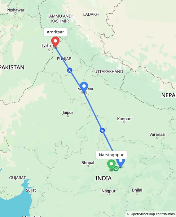 Route map showing distance and travel time from Narsinghpur, India to Amritsar, India