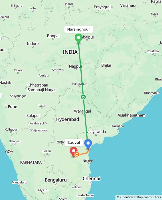 Route map showing distance and travel time from Narsinghpur, India to Badvel, India