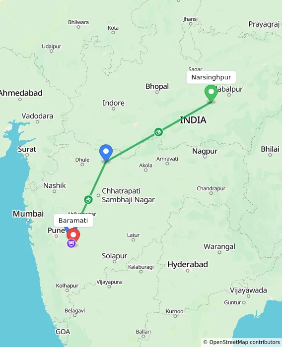 Route map showing distance and travel time from Narsinghpur, India to Baramati, India