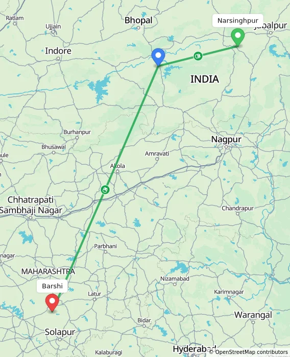 Route map showing distance and travel time from Narsinghpur, India to Barshi, India