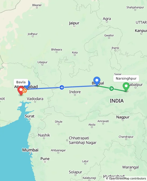 Route map showing distance and travel time from Narsinghpur, India to Bavla, India