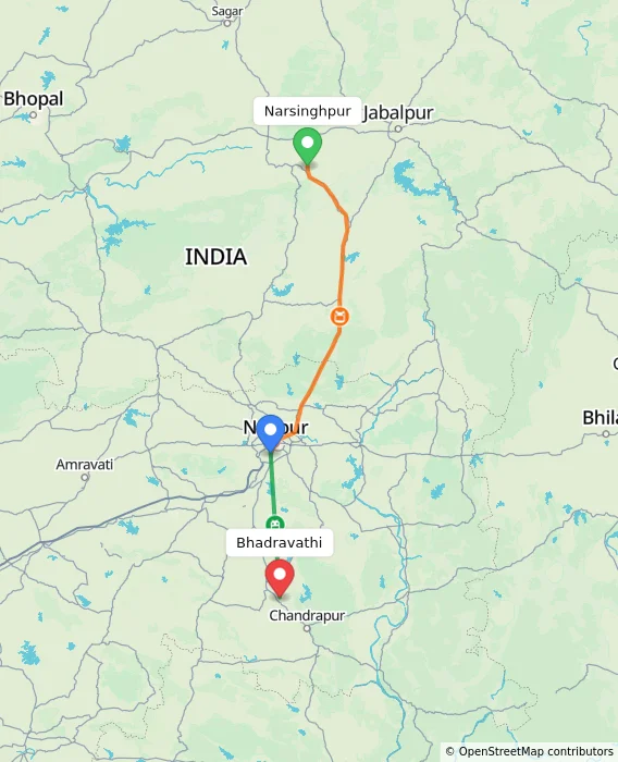 Route map showing distance and travel time from Narsinghpur, India to Bhadravathi, India