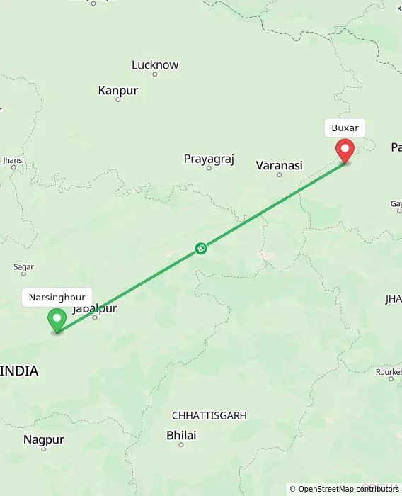 Route map showing distance and travel time from Narsinghpur, India to Buxar, India