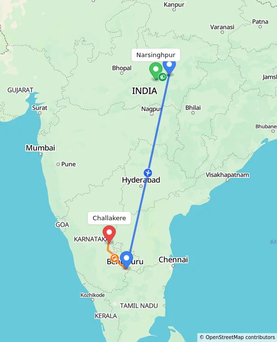 Route map showing distance and travel time from Narsinghpur, India to Challakere, India