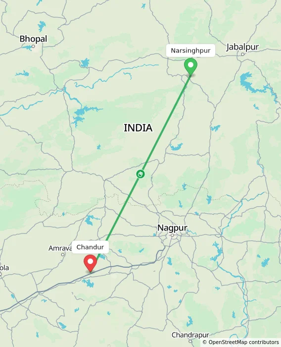 Route map showing distance and travel time from Narsinghpur, India to Chandur, India