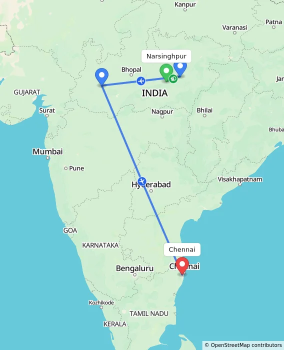 Route map showing distance and travel time from Narsinghpur, India to Chennai, India